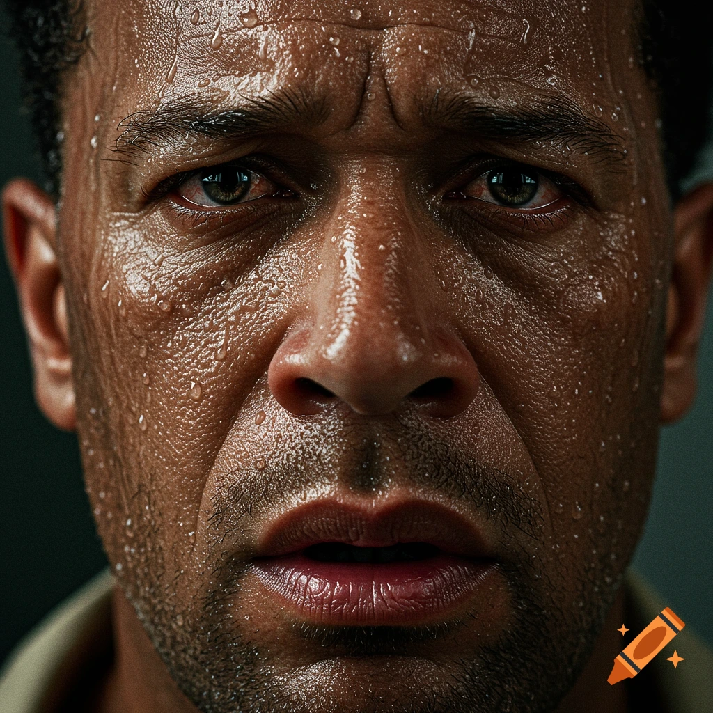 Extreme close-up, photorealistic portrait of a sweating man with a distressed, shell-shocked expression, water droplets on his face.