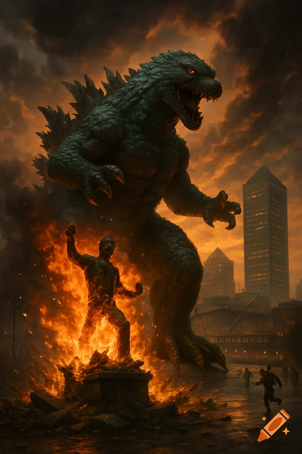 Godzilla roars over a man engulfed in flames in a destroyed city street at dusk, with people running in fear.