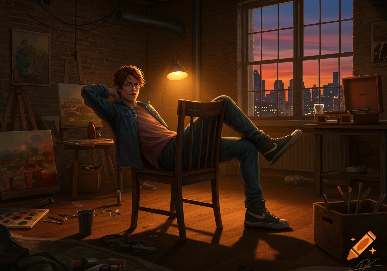 A young man with reddish-brown hair relaxes in a chair, leaning back with his legs crossed, in a dimly lit artist's studio with a city skyline visible through a large window at sunset. Digital art.