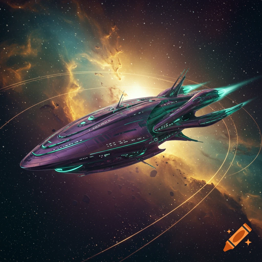 A sleek, purple and green futuristic spaceship with glowing accents flies through a vibrant, star-filled nebula in deep space.
