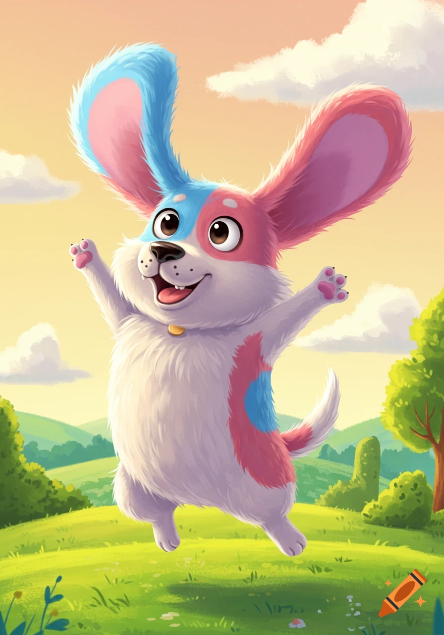 A cheerful cartoon dog with big pink and blue ears jumps in a vibrant green field under a soft sky.