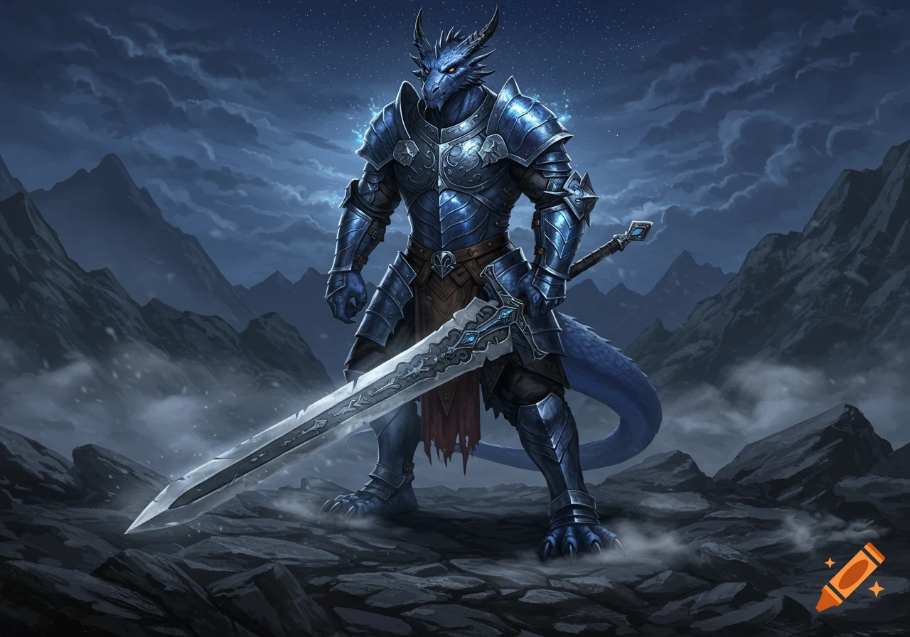 A majestic blue dragonborn knight in ornate armor holds a large sword, standing on rocky terrain under a cloudy night sky.
