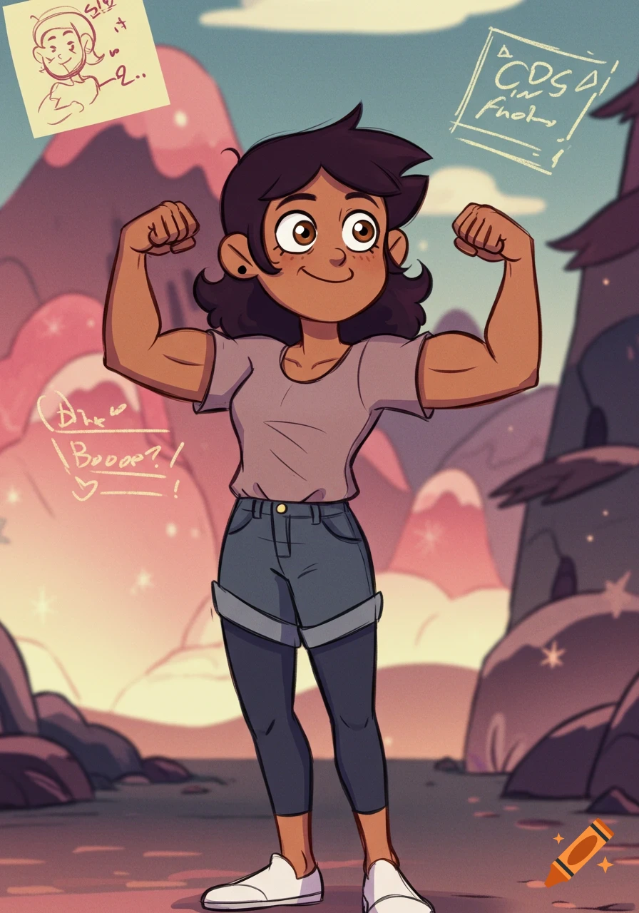 A smiling cartoon girl with short dark hair, wearing a t-shirt and rolled-up jeans, flexes her biceps in a stylized fantasy landscape.