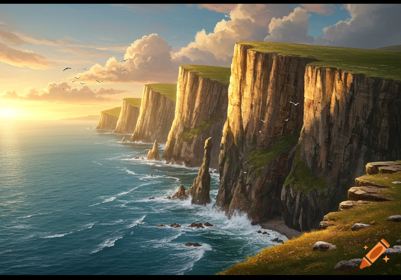 A vibrant painting of a coastal landscape with towering cliffs lit by the golden light of a sunset over the ocean, with birds flying.