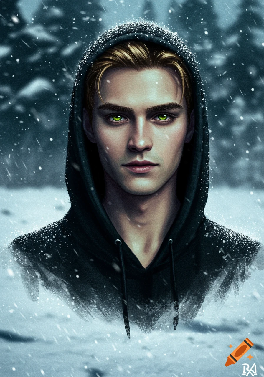 Digital portrait of a pale young man with blonde hair and glowing green eyes, wearing a dark hoodie, standing in falling snow.