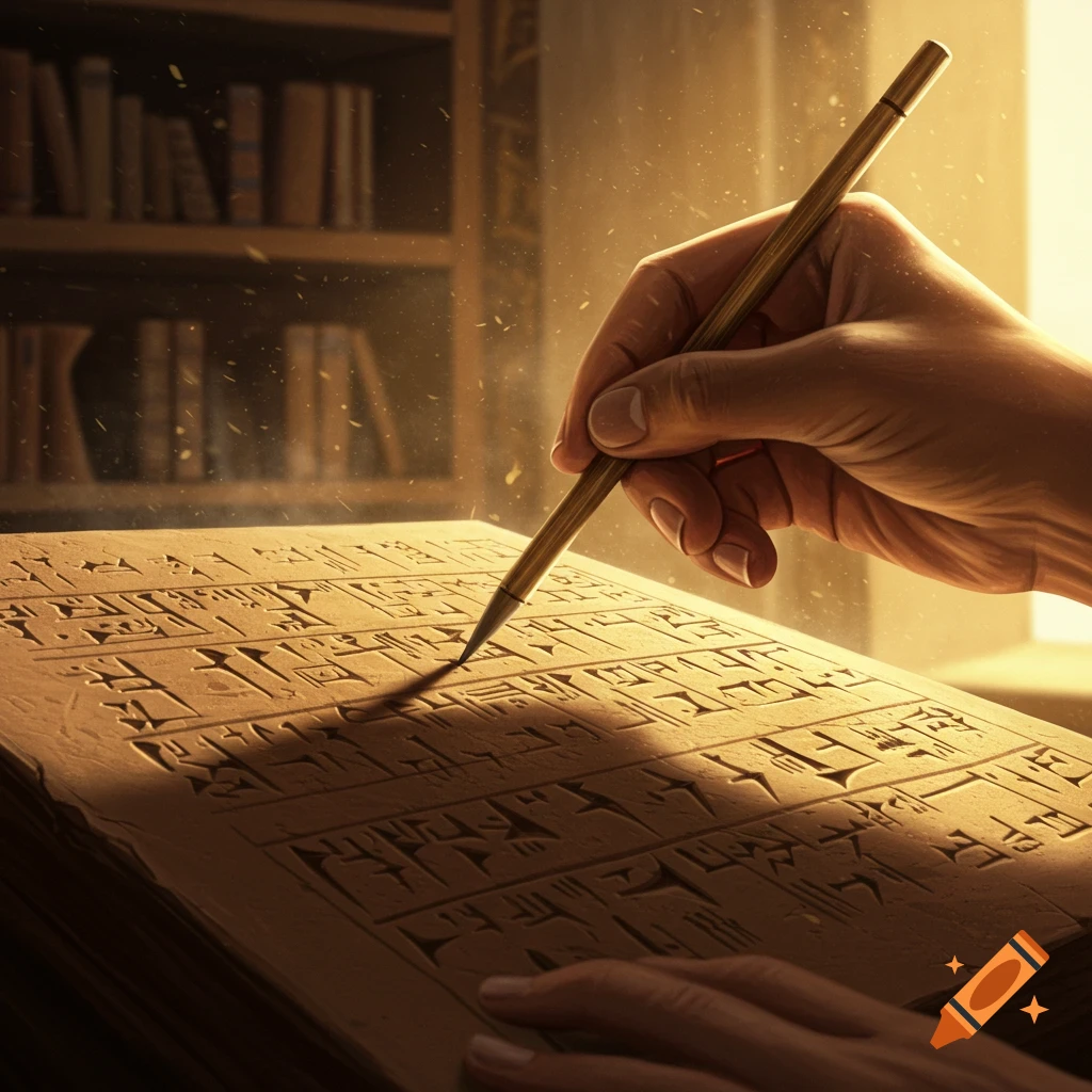 A hand uses a reed stylus to carve cuneiform script into a clay tablet in a warmly lit room with bookshelves.
