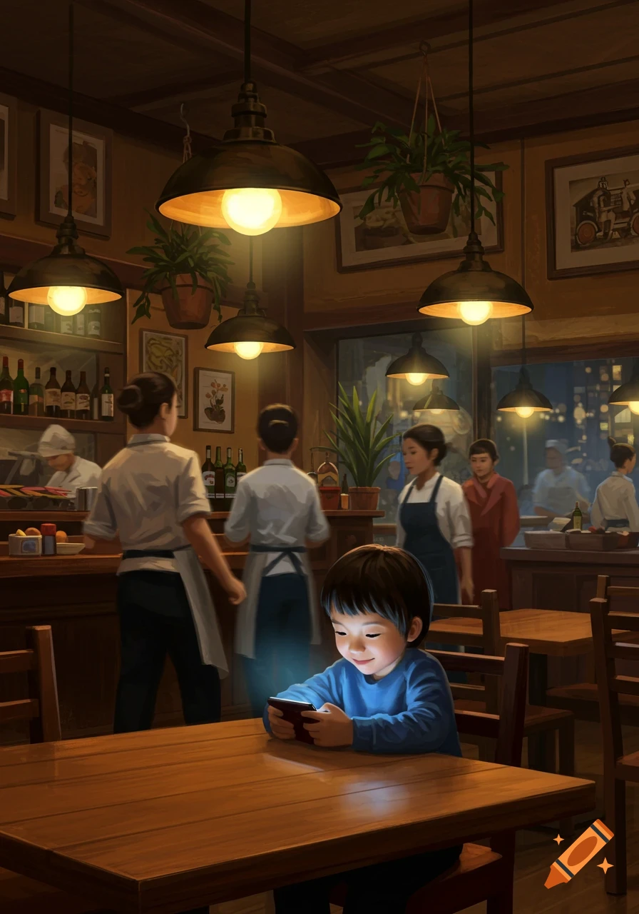 A child plays on a glowing phone at a wooden table in a dimly lit restaurant, while adults work in the background. Digital art.