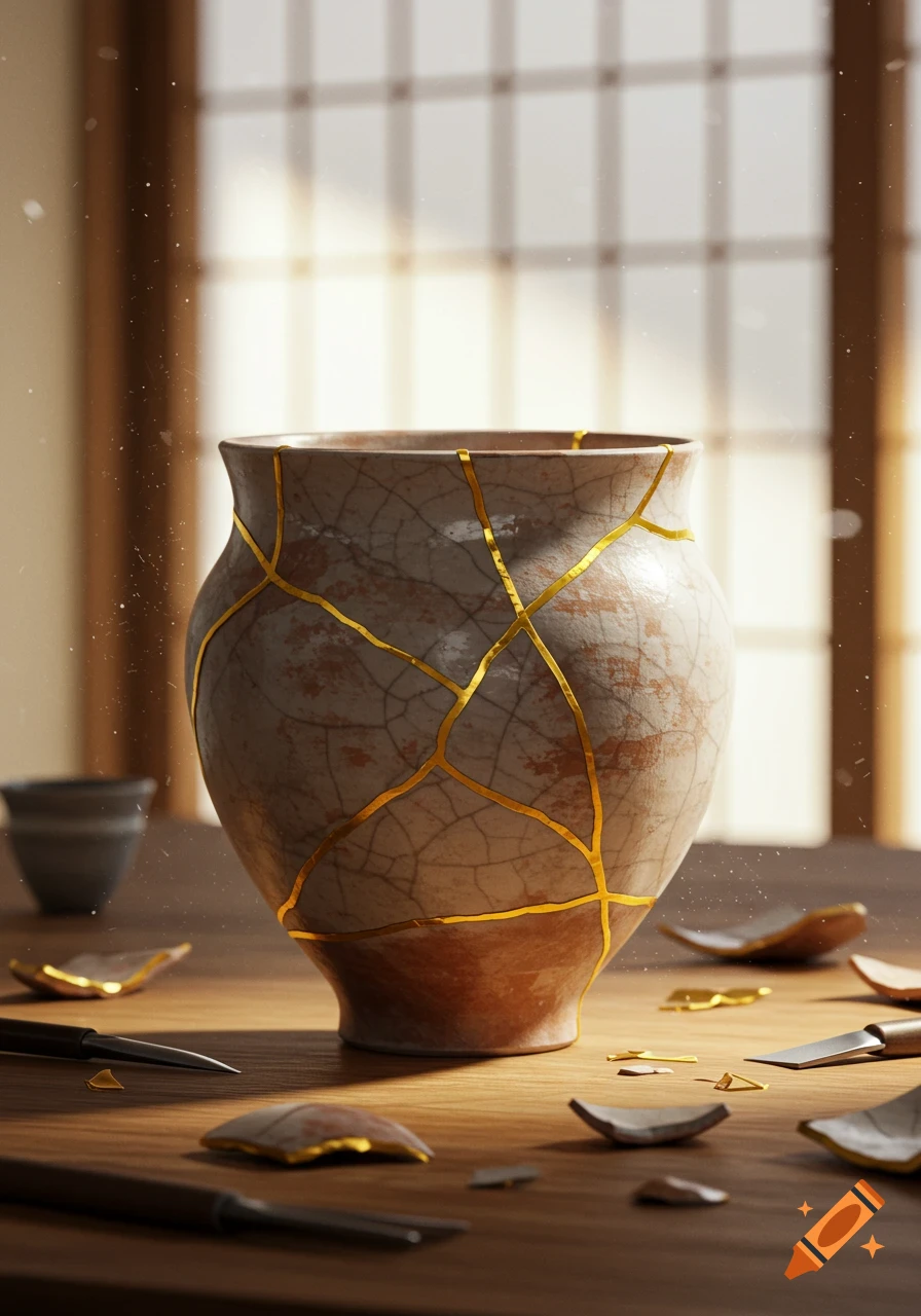 A close-up of a Kintsugi repaired ceramic vase with gold seams on a wooden table, surrounded by broken pieces, bathed in soft window light.