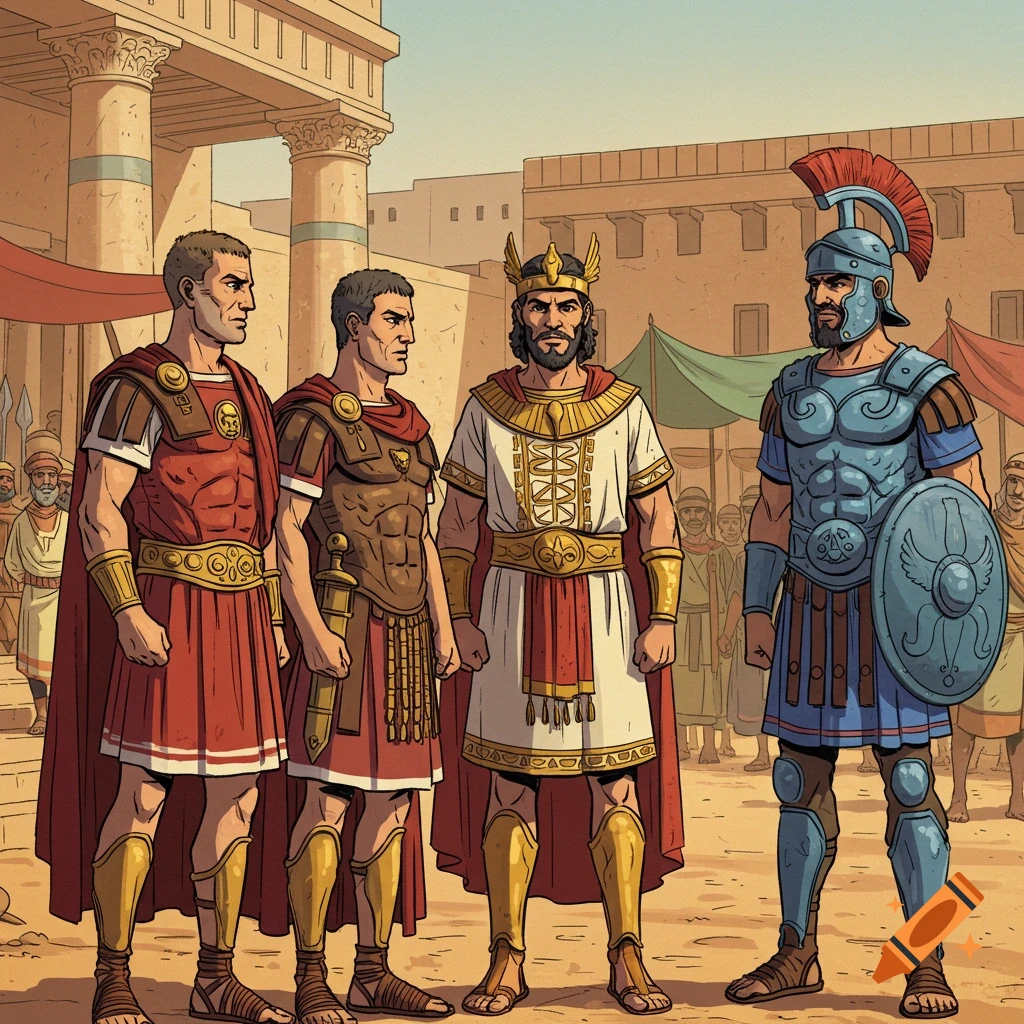 Four ancient leaders in Roman, Numidian, and Carthaginian attire stand in a marketplace, comic art style.