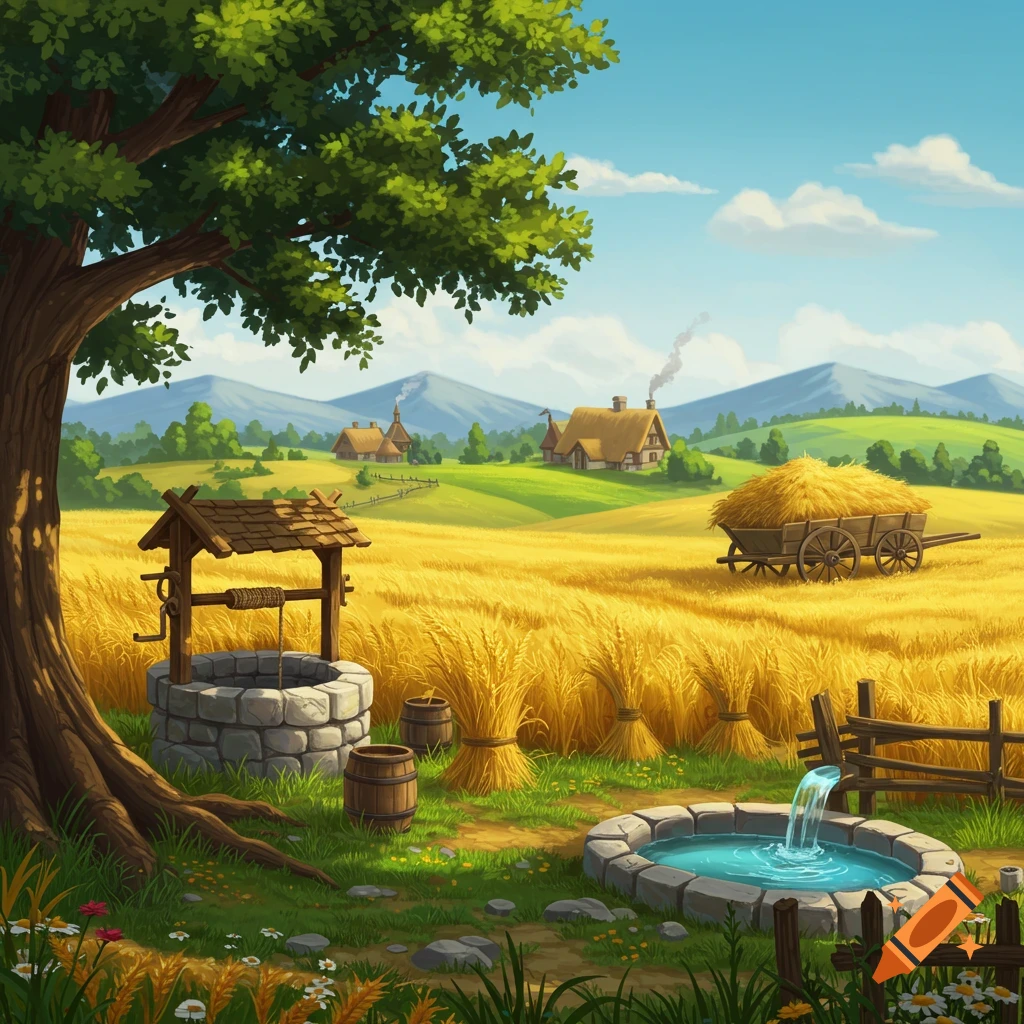Cartoon medieval field with a stone well, wooden hay cart, village houses, mountains, and a clear blue sky.