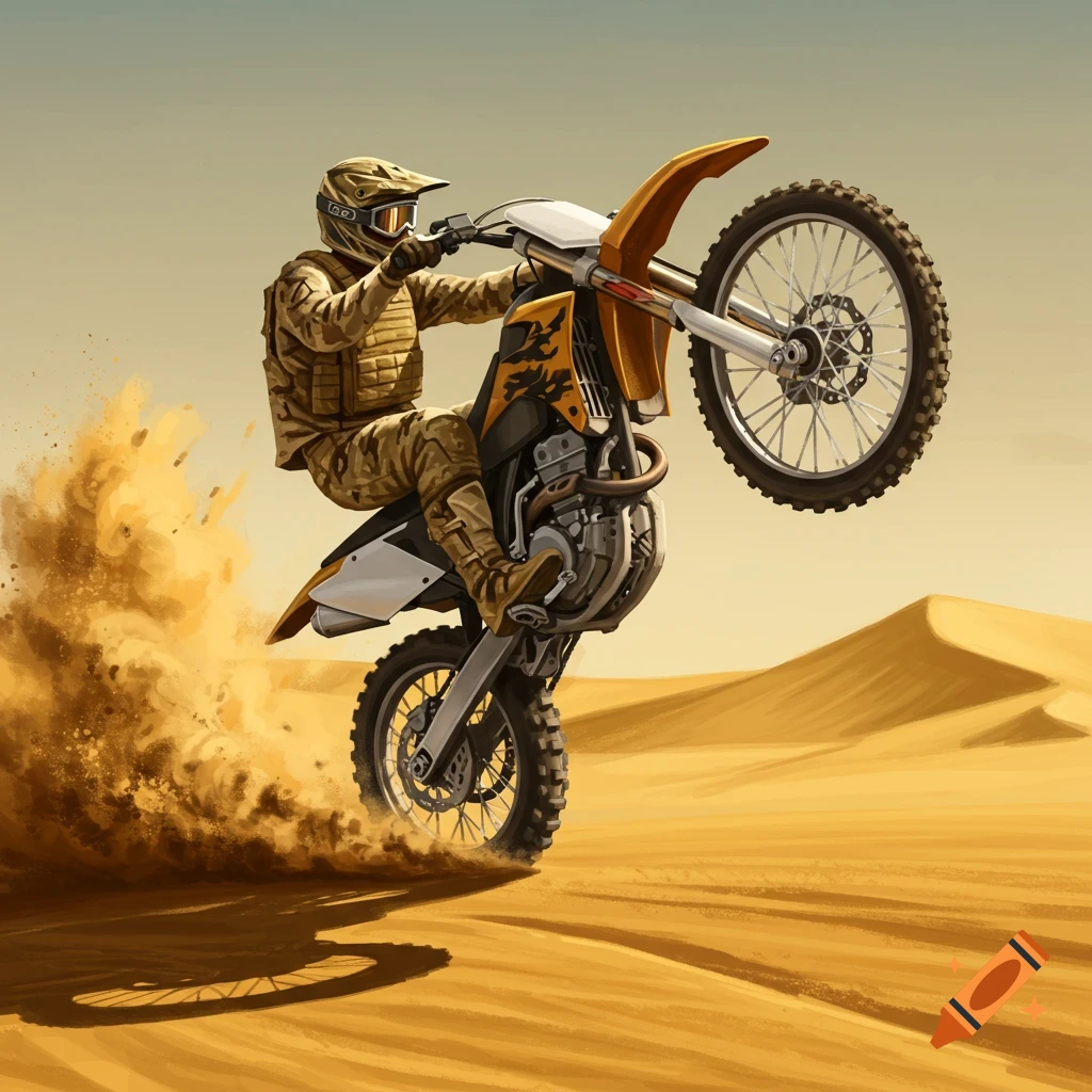 A person in military-style gear does a wheelie on a dirt bike, kicking up sand in a desert with dunes.