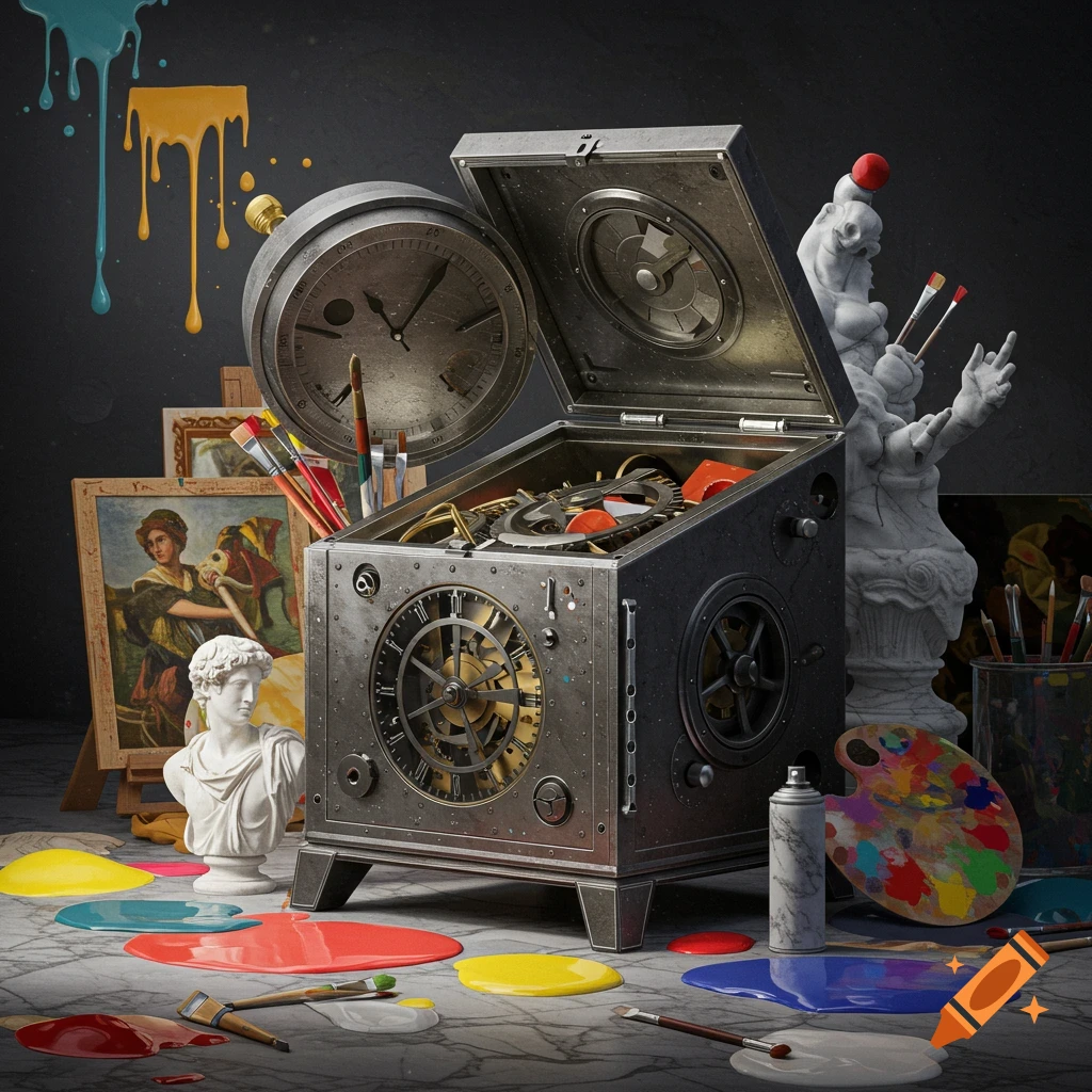 An open steampunk time machine surrounded by art supplies, paint splatters, classical and abstract sculptures, and paintings.