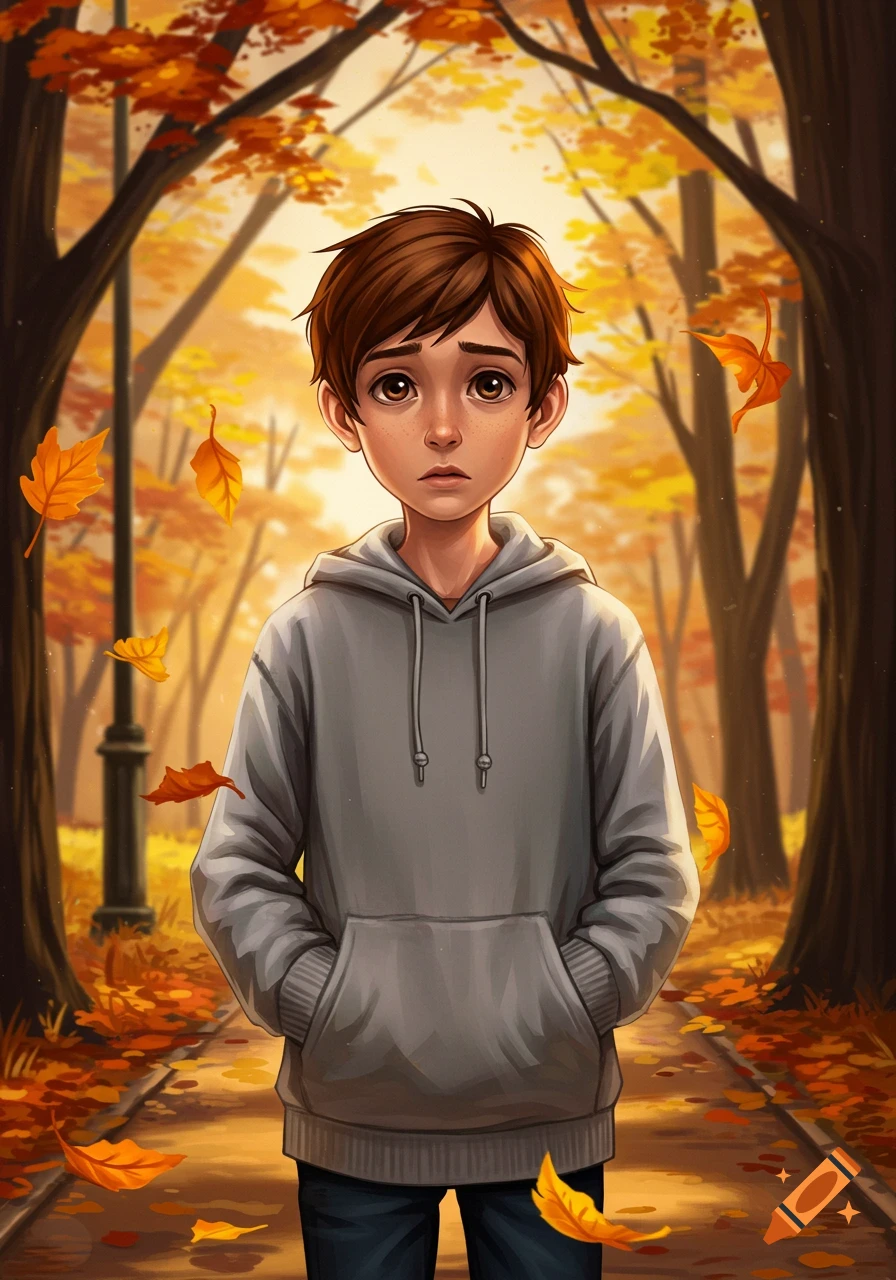 An illustrated nervous boy in a grey hoodie stands on a path amidst falling autumn leaves in a forest.