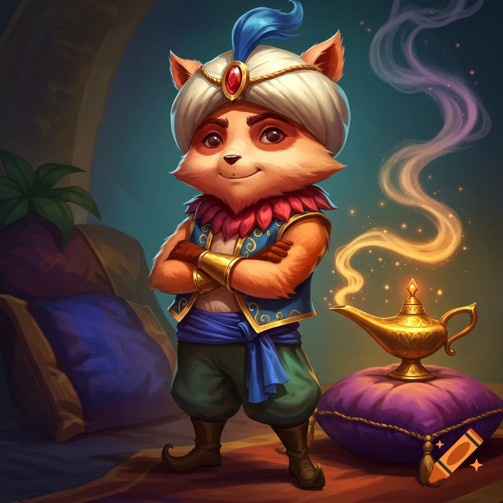 A cute cartoon fennec fox character resembling Teemo, dressed as a genie with a turban, vest, and sash, standing with arms crossed next to a smoking magic lamp.