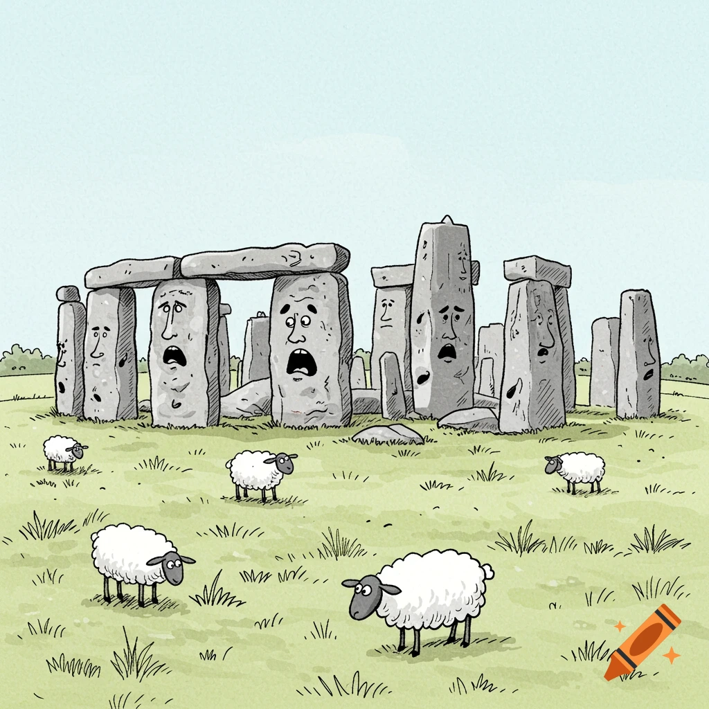 A cartoon drawing of Stonehenge rocks with scared faces and several sheep grazing in a grassy field.