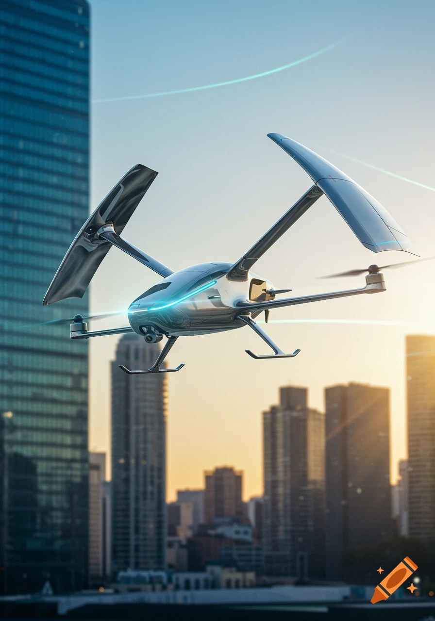 Photorealistic futuristic VTOL quadcopter with retractable wings flying over a city skyline at sunset.