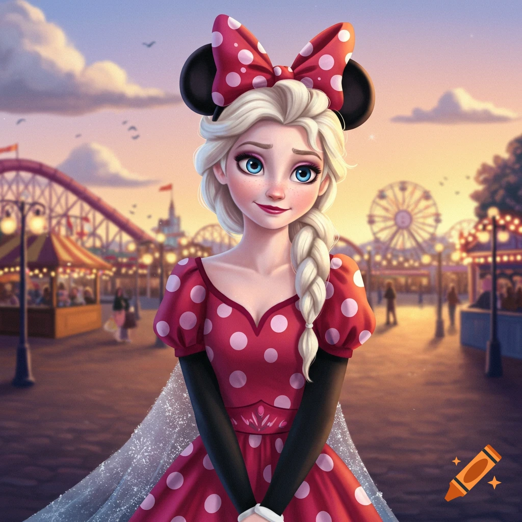 Elsa, dressed as Minnie Mouse in a red polka-dot dress and ears, smiles in a vibrant amusement park at sunset, digital art.