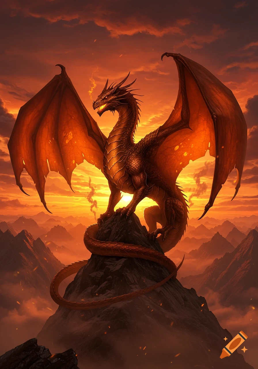 Majestic bronze dragon on a mountain peak, wings spread, breathing smoke, against a fiery orange sunset and mountains.