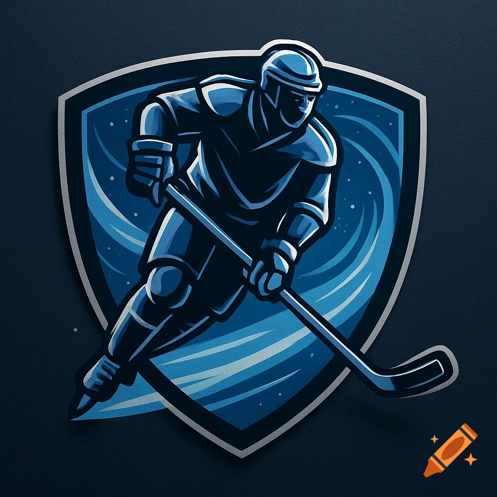 A stylized blue hockey player logo in a shield shape with a swirling blue background.