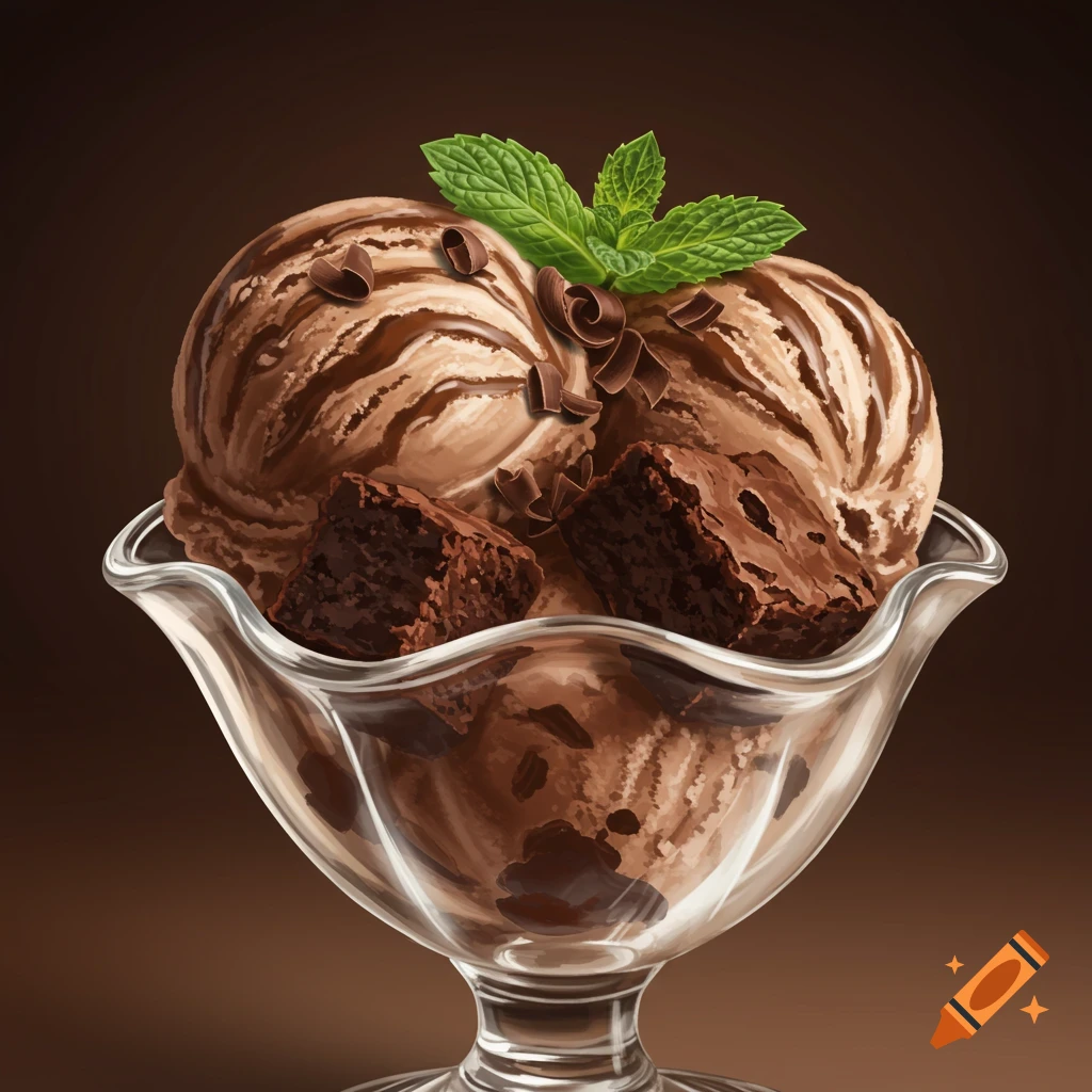 Two scoops of chocolate swirl ice cream with brownie chunks, chocolate shavings, and mint in a glass dish.