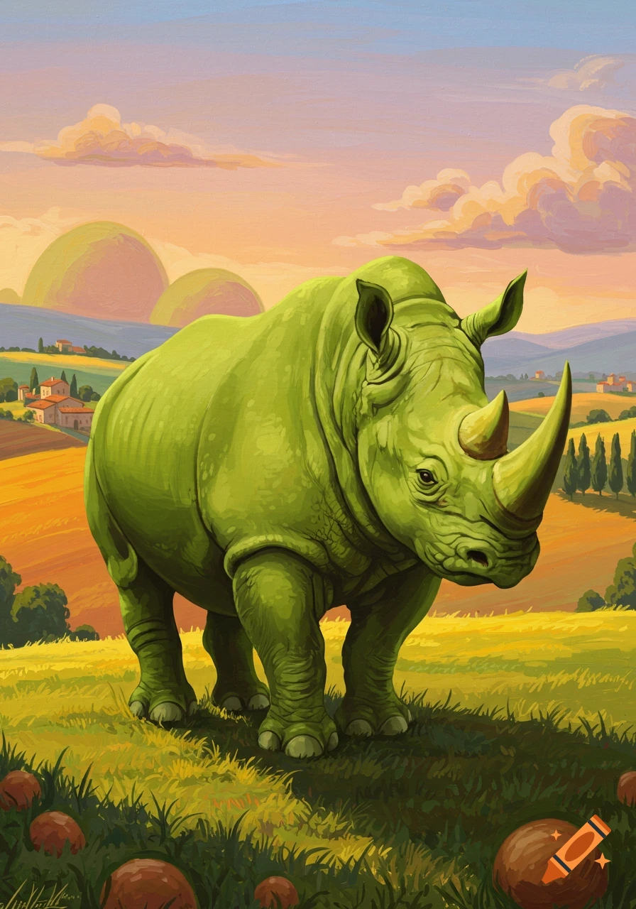 A vibrant green rhino stands in a stylized golden field with rolling hills and distant Italian-style villas under a pastel sunset sky.