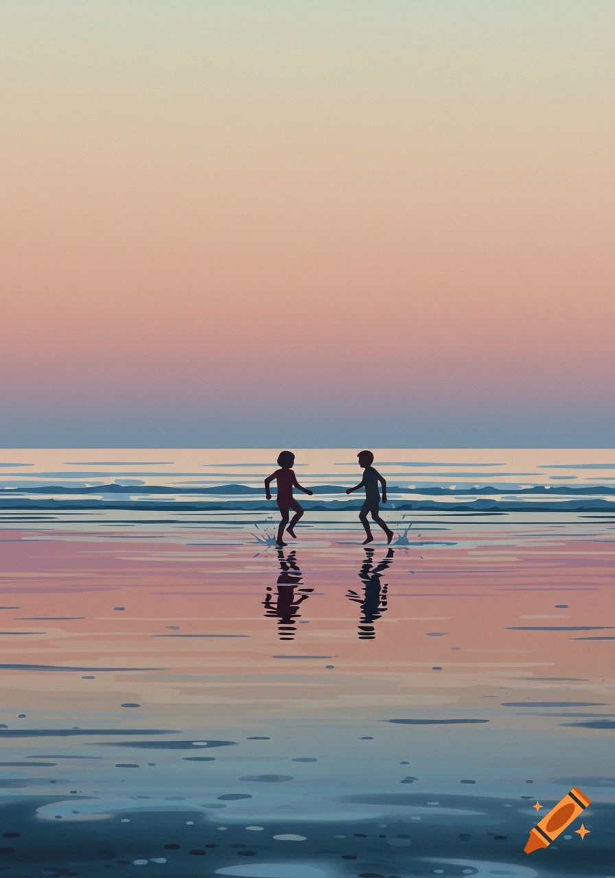 Two children run in the shallow, reflective water of a beach at sunset, in a minimalist graphic style.