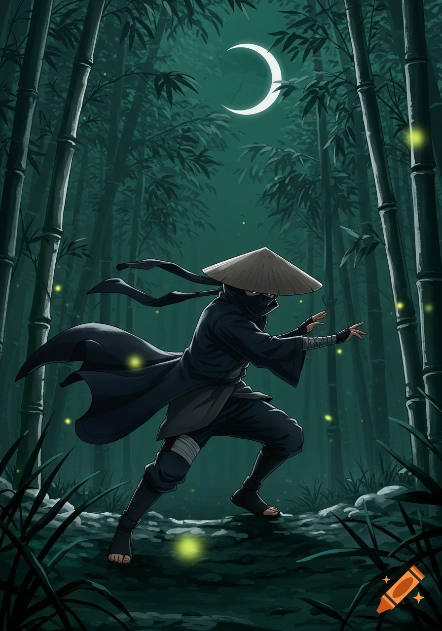 Anime-style ninja in a dark bamboo forest under a crescent moon with glowing fireflies.
