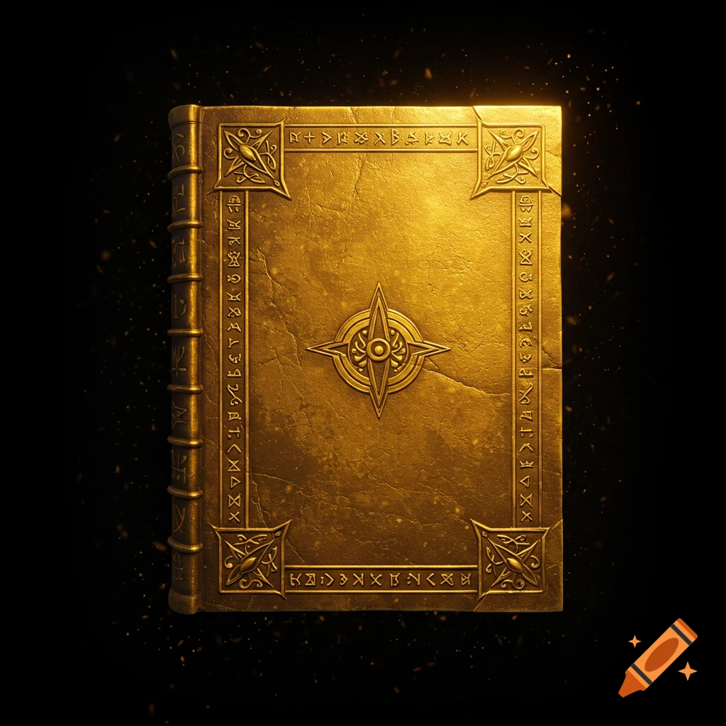 A highly detailed golden book with ornate symbols and a central compass-like emblem, glowing against a dark, dusty background.