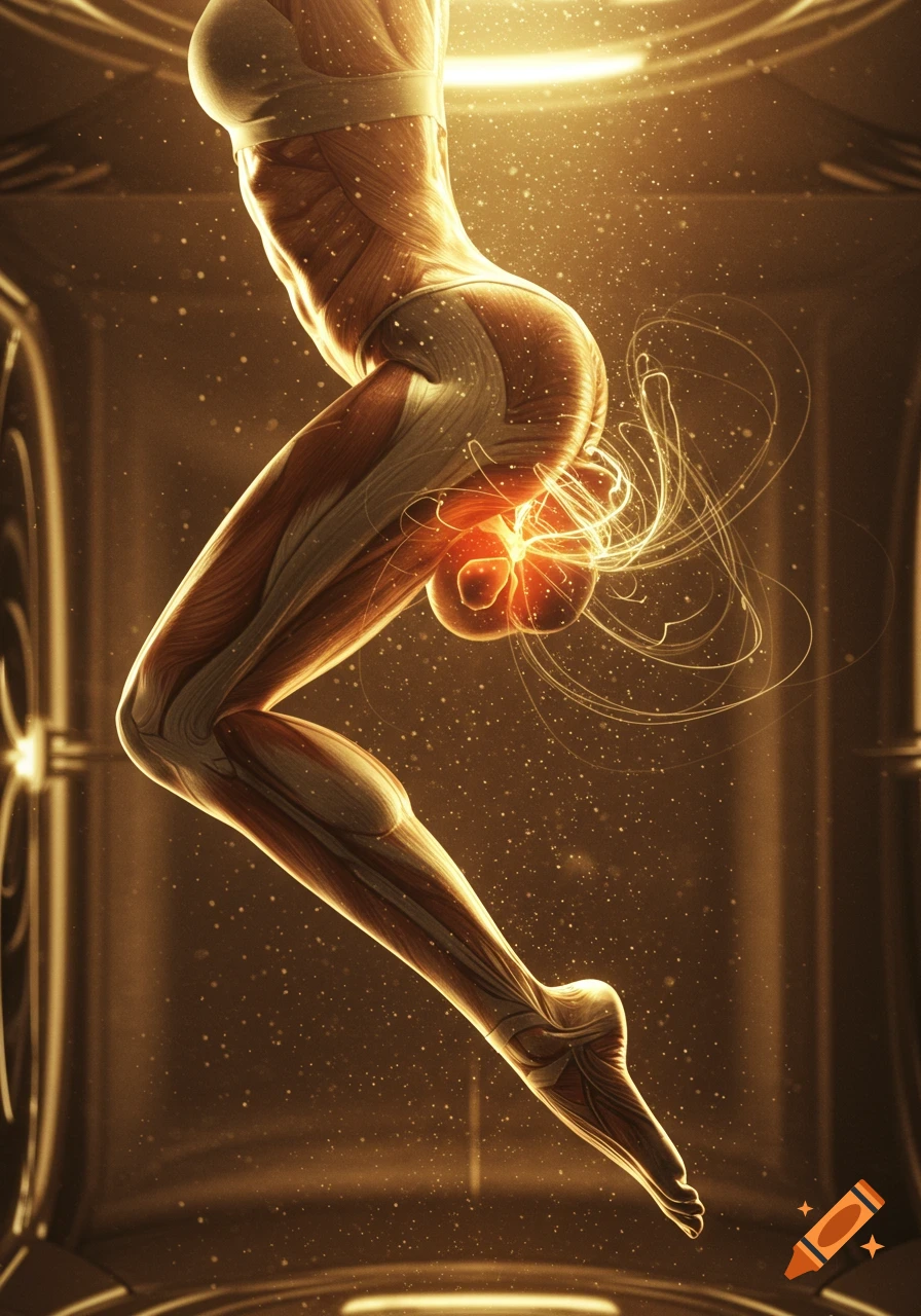 Detailed anatomical figure of a human torso and legs, glowing with golden light and energy in a sci-fi chamber.