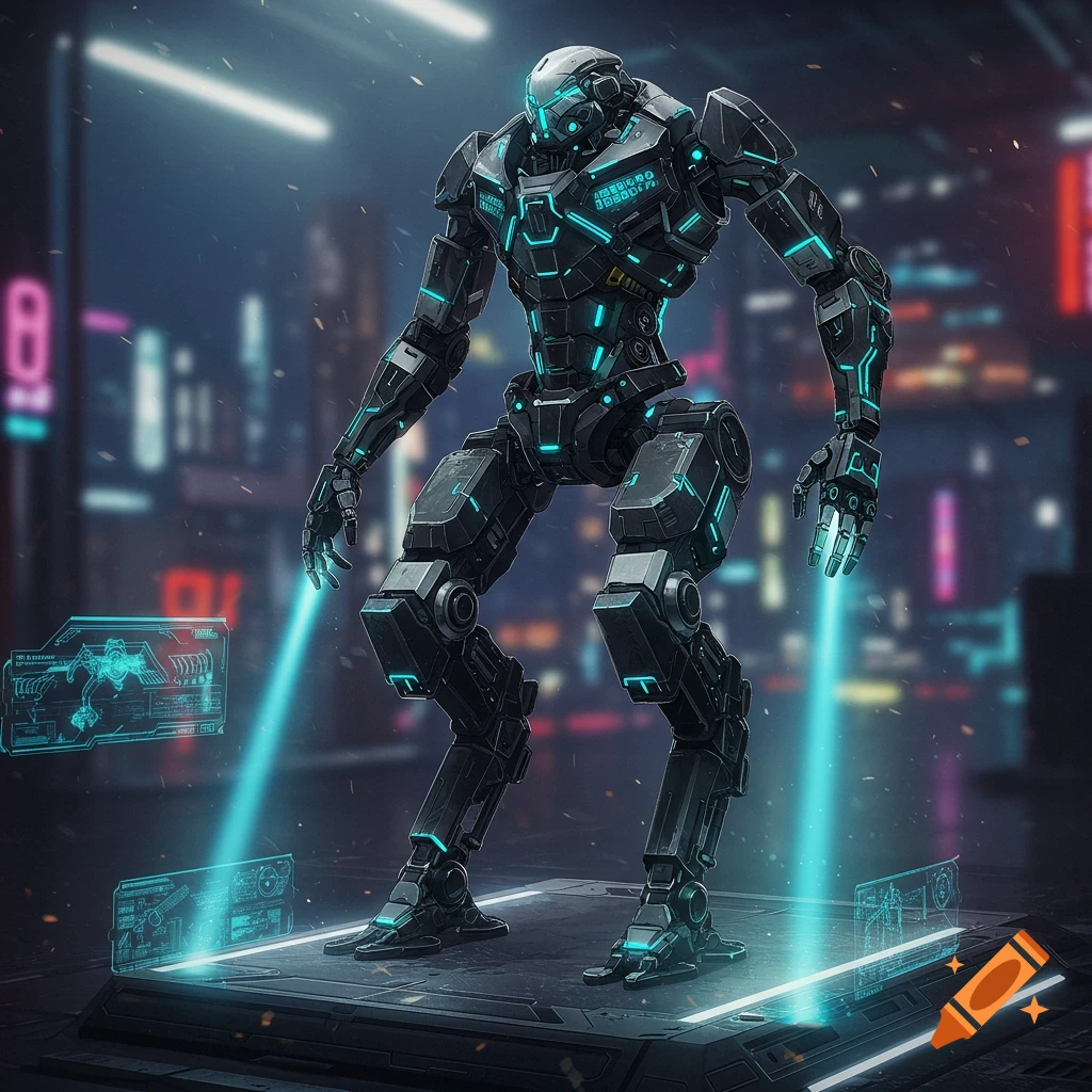 A detailed, dark futuristic robot with glowing cyan lights stands on a platform in a neon-lit cyberpunk city.