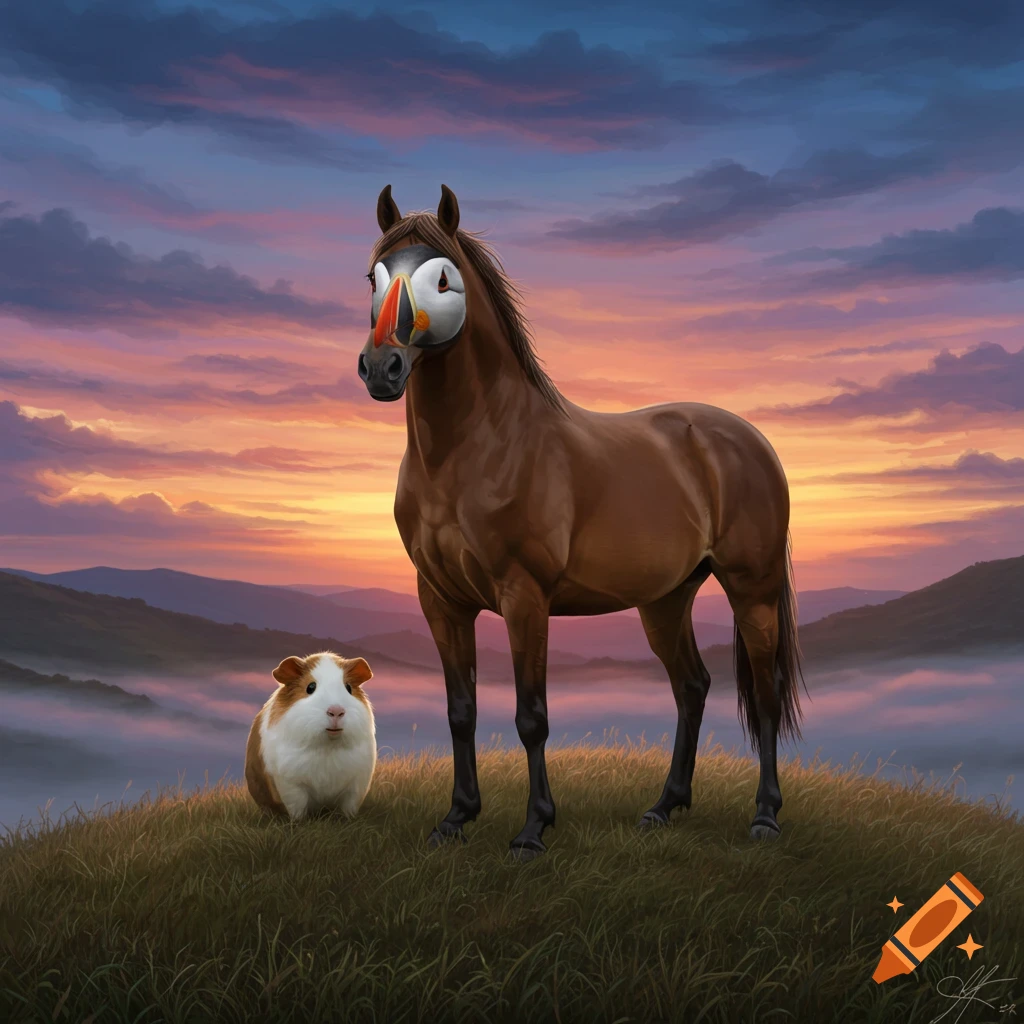 A brown horse with a puffin's head stands next to a guinea pig on a grassy hill, with a colorful sunset sky behind them.