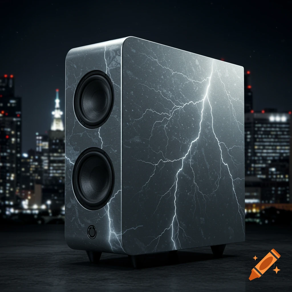 A slim urban pearl gray subwoofer speaker with dark thunder patterns, set against a blurred city skyline at night.