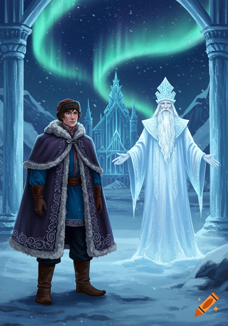 A young man in a fur-trimmed cape and an older, white-bearded wizard in glowing robes stand in a snowy landscape with an ice castle and aurora borealis.