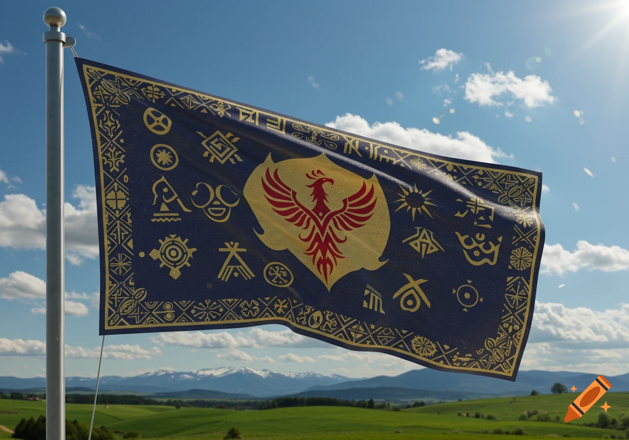 A dark blue flag with a red and gold phoenix emblem and golden symbols waves against a bright blue sky, above green hills and distant snowy mountains.