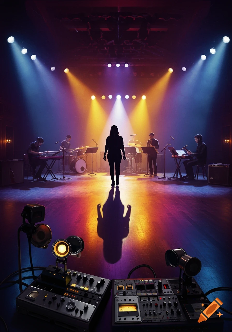 Silhouetted female singer on stage with a band, bathed in colorful spotlights, audio equipment in foreground.