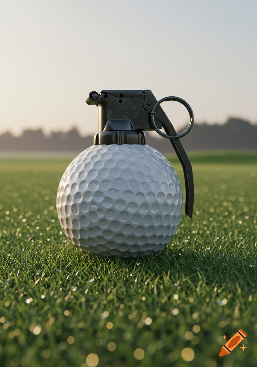Photorealistic image of a golf ball grenade sitting on dew-kissed green grass on a golf course.