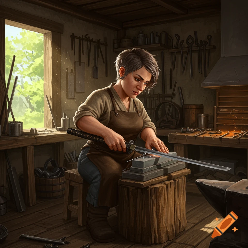 A realistic woman with short hair sharpens a katana on a whetstone in a rustic blacksmith workshop, soft daylight filters in.