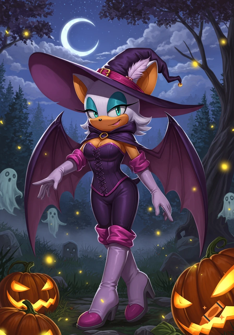 Rouge the Bat in a purple witch costume and hat, standing in a spooky forest at night with jack-o'-lanterns and ghosts.