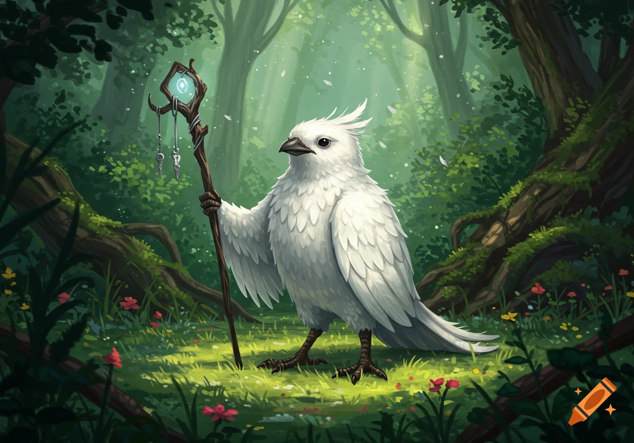 A white Kenku creature holds a glowing staff in a mystical green forest. Digital fantasy art.