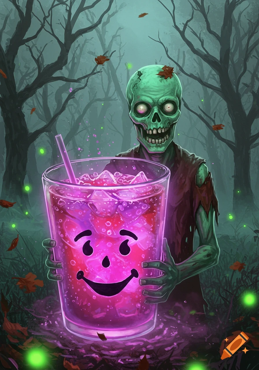 A green zombie holds a giant glowing glass of purple Kool-Aid in a dark, spooky forest with fallen leaves and glowing particles. Detailed illustration.