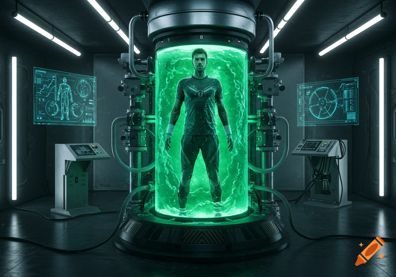 Photorealistic image of a man in a green liquid-filled tube in a futuristic lab, surrounded by glowing screens and machinery.