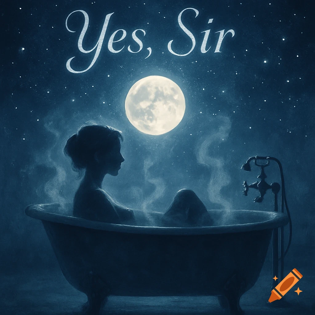 Silhouette of a woman bathing in a clawfoot tub under a full moon and starry sky, with 'Yes, Sir' at the top.