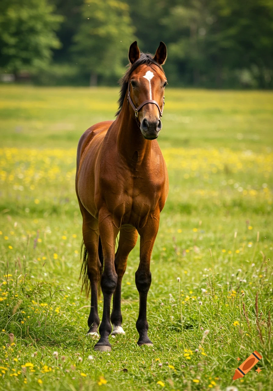 A brown horse with a white blaze stands in a vibrant green and yellow grassy field, looking forward. Photorealistic style.