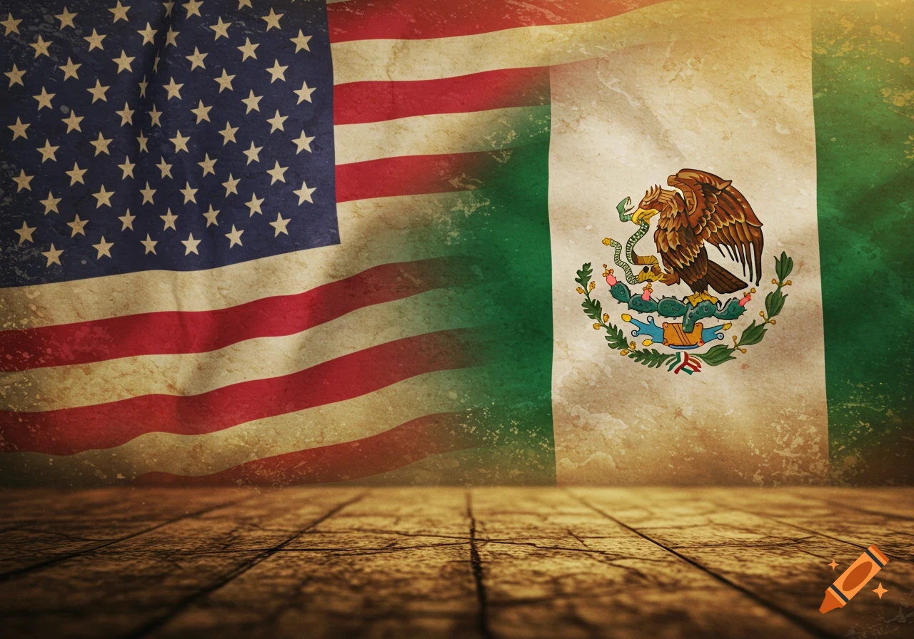 Distressed American and Mexican flags merged over a wooden floor, with a grunge vintage aesthetic.