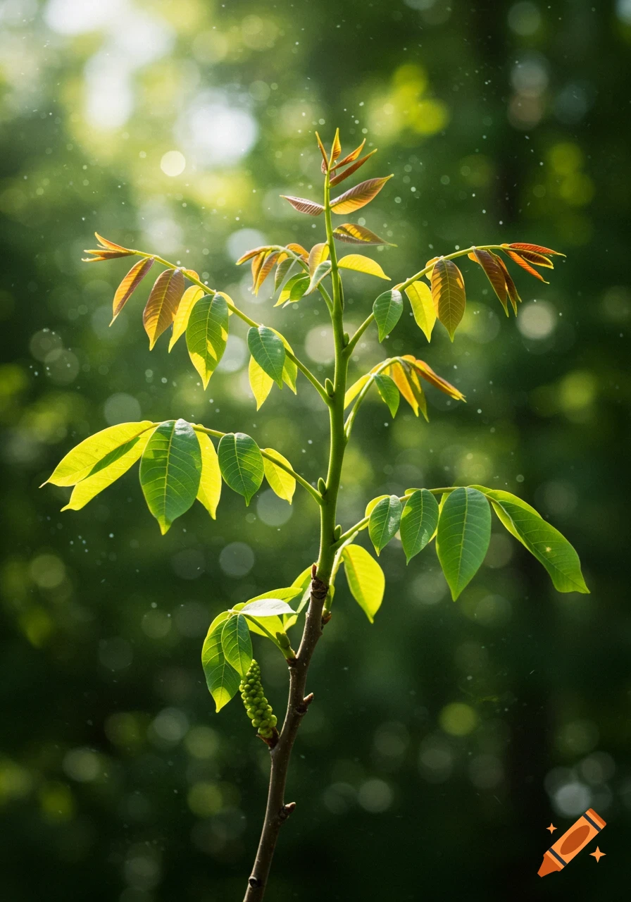 Close-up of a sunlit plant branch with green and reddish-green leaves against a bokeh-filled green background.