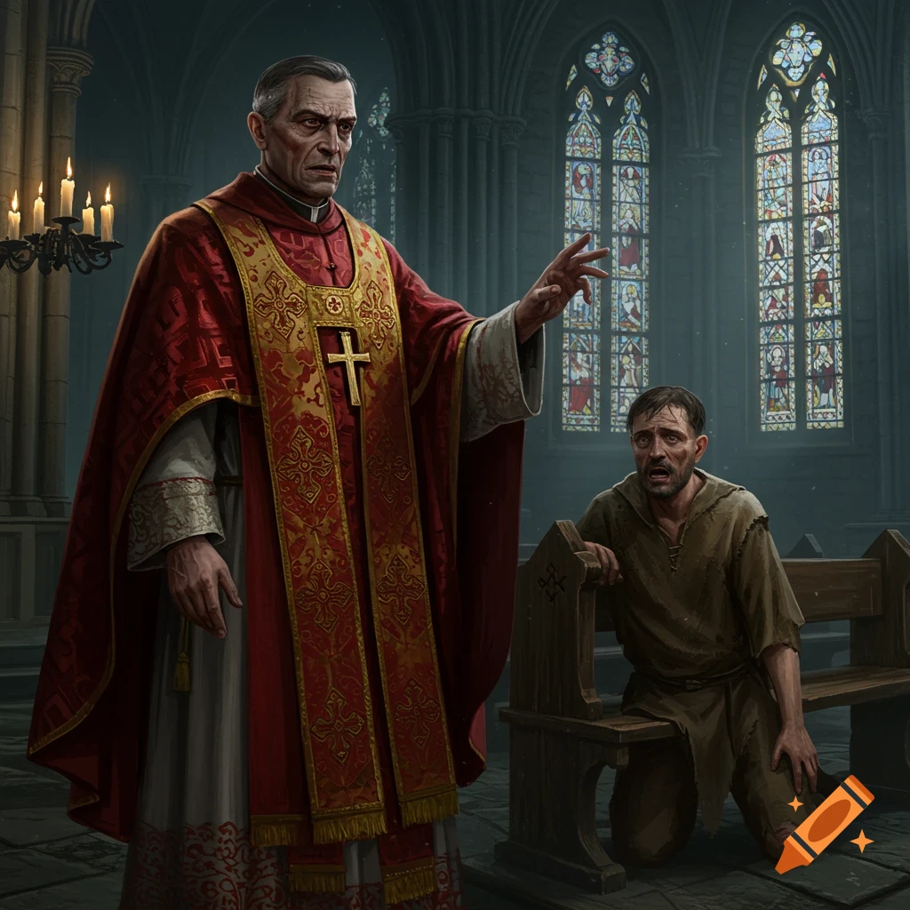 A medieval priest in red robes gestures at a distressed peasant kneeling on the floor of a church with stained glass windows.