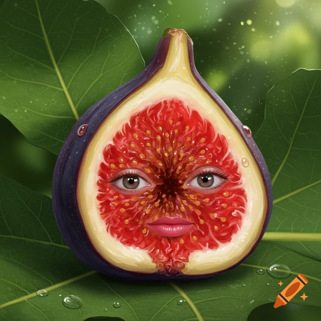 A cross-section of a purple fig with brown human eyes and pink lips, resting on large green leaves with water droplets, in an illustrative style.