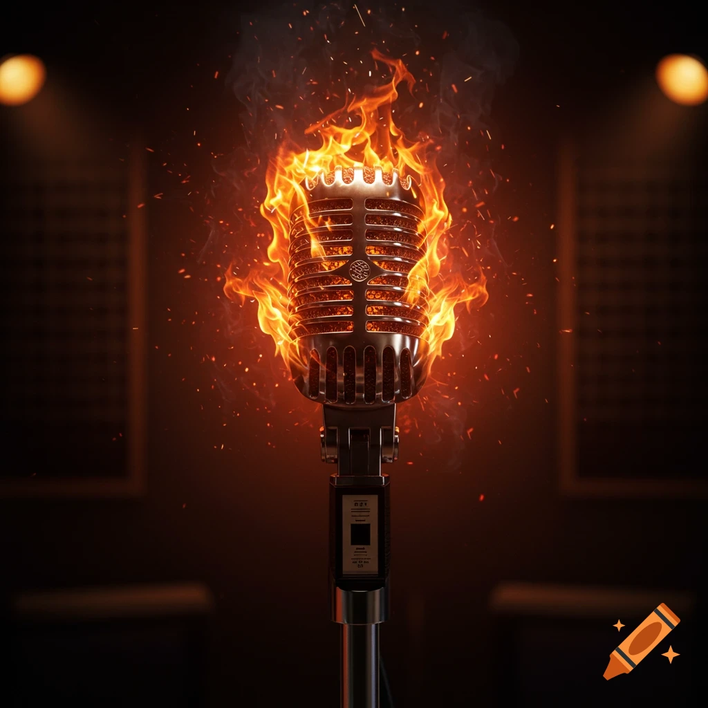 A retro silver microphone engulfed in vibrant orange flames, set against a dark background with subtle backlighting.