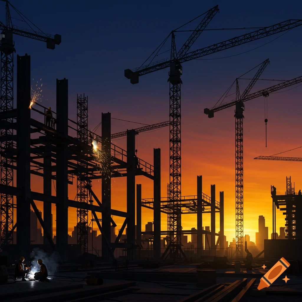 Construction site at sunset with cranes and silhouetted workers welding steel structures against an orange and blue sky.