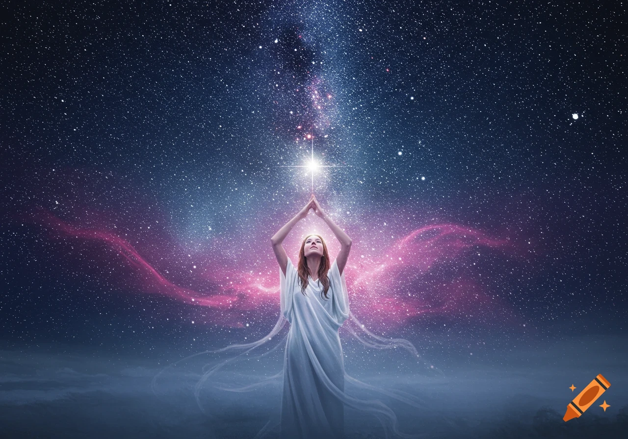 A woman in a white tunic stands with arms raised to a bright star in a galaxy full of pink and purple nebulae.